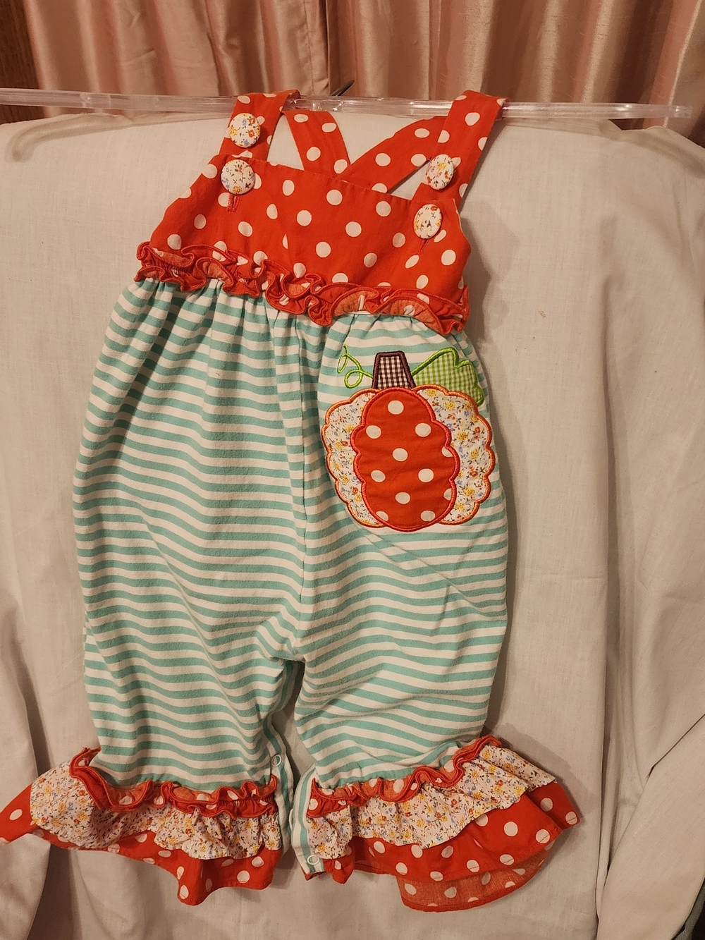 Busy Bee Smocks Knit Pumpkin Ruffle Romper Fall Thanksgiving Size 18 Month